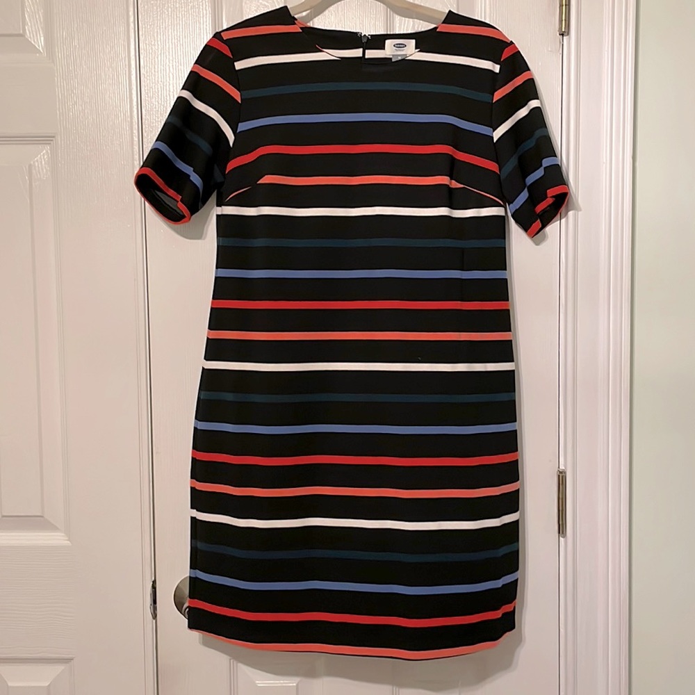 Black Ponte Shift Striped Dress